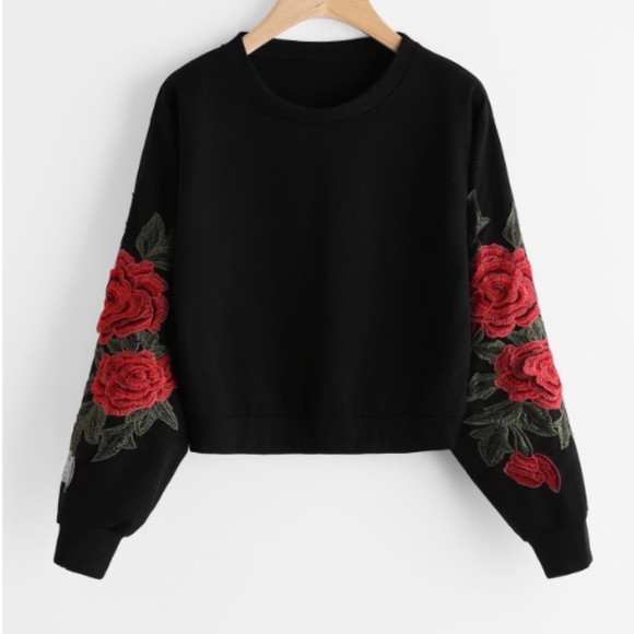 Tops - Rose Embroidered Applique Sweatshirt